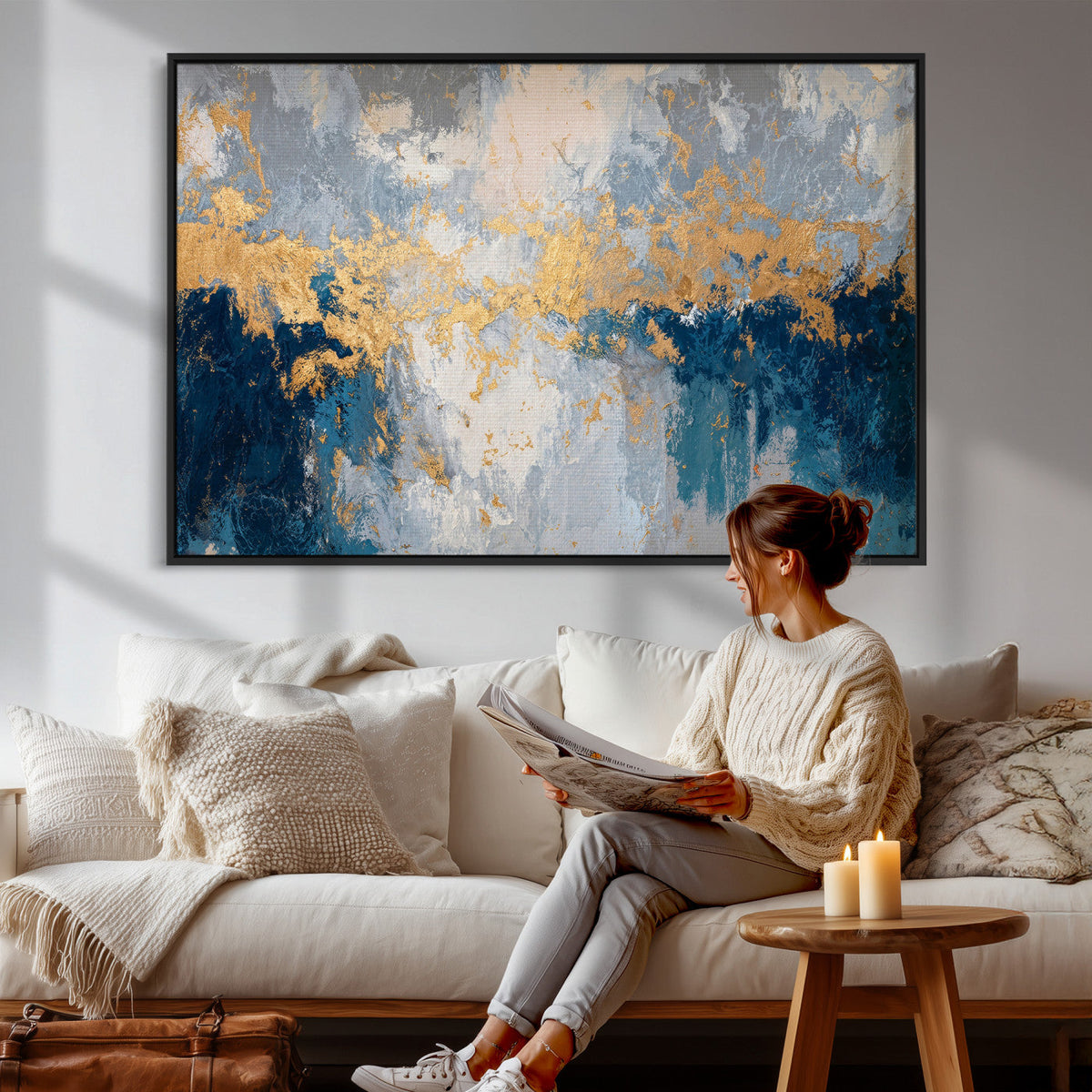 Blue Gold Abstract Large Framed Canvas Wall Art, Modern
