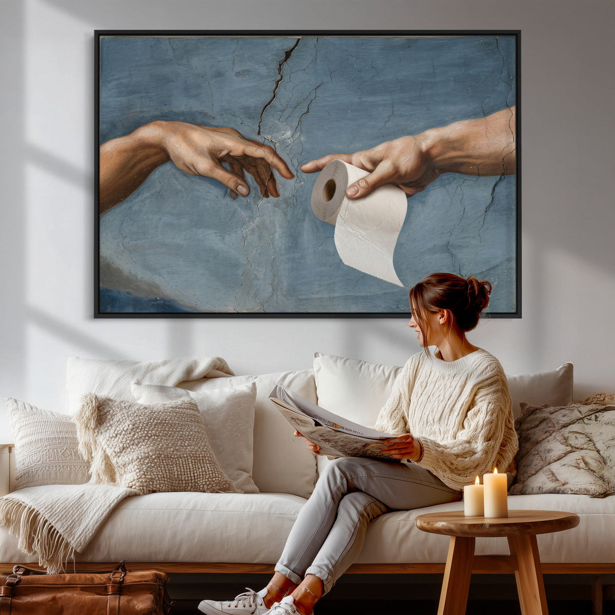 Funny Bathroom Canvas Wall Art, Michelangelo Creation of