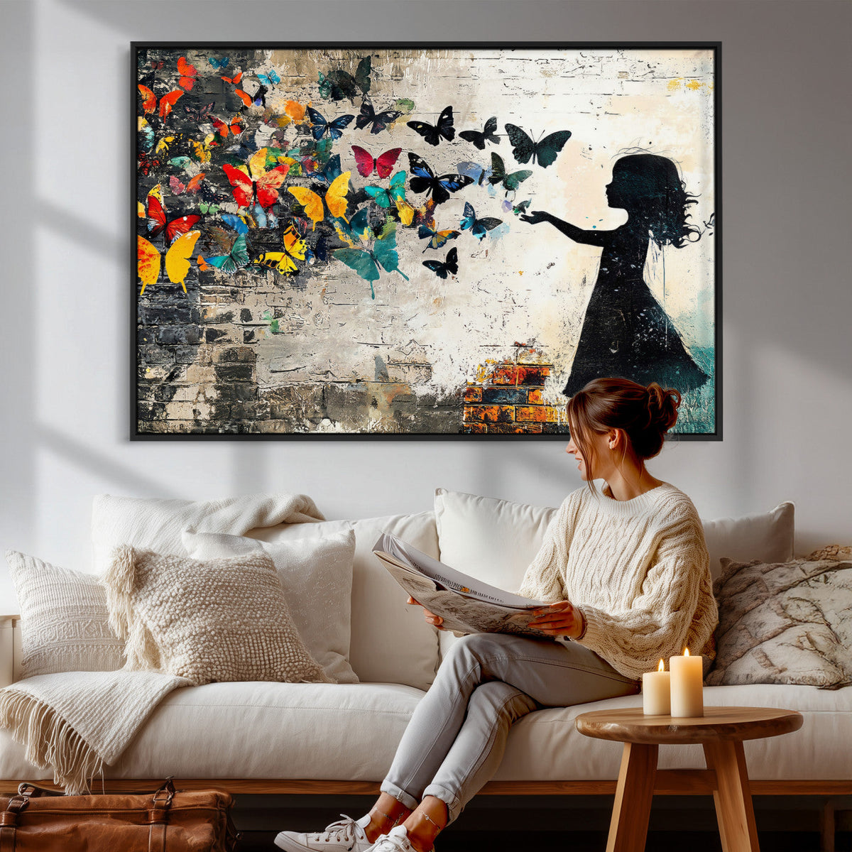 Banksy Butterfly Girl Wall Art Canvas Print, Framed Street