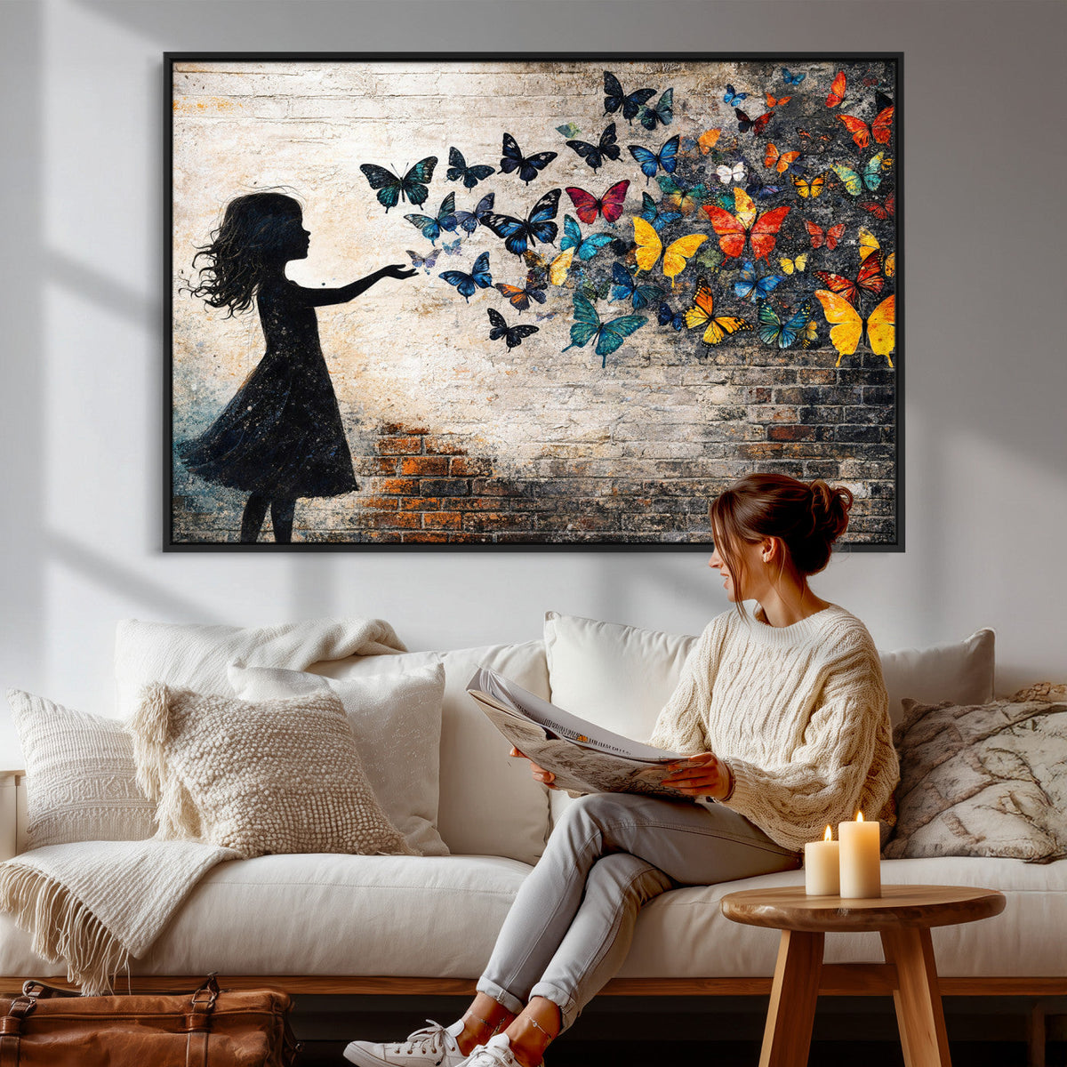 Banksy Butterfly Girl Wall Art Canvas Print, Framed Street