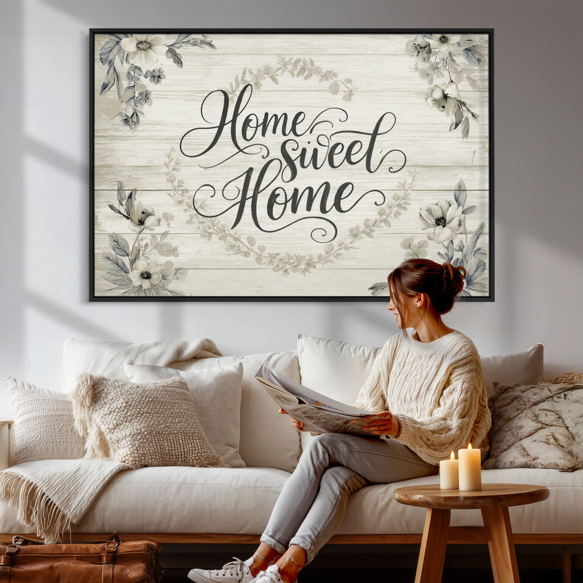 Home Sweet Home Wall Art Canvas Print, Floral Farmhouse