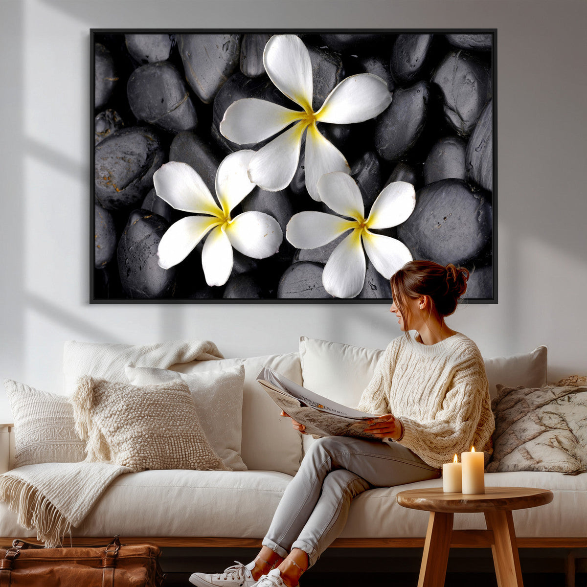 Plumeria Frangipani Black Stone Canvas | White Flower Spa