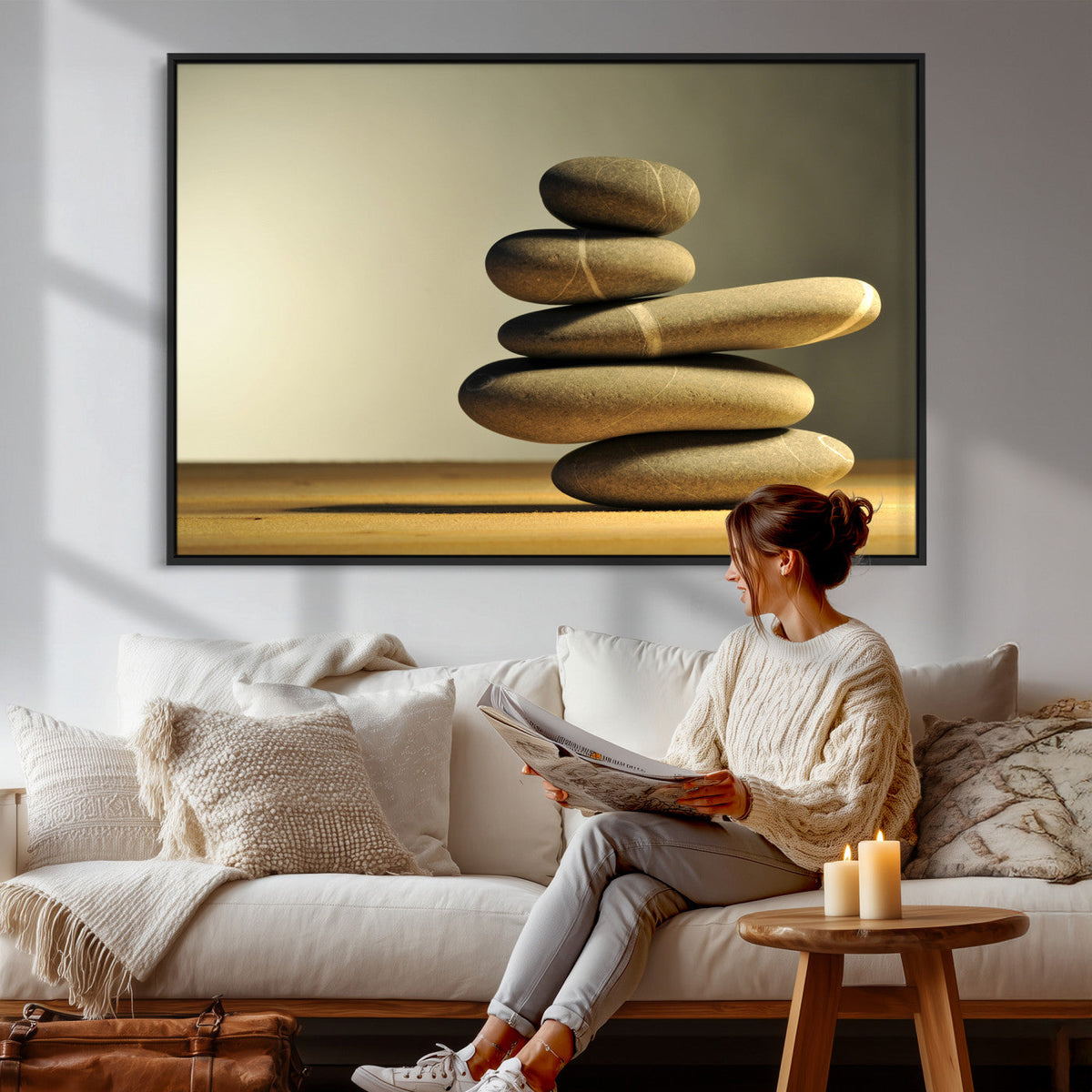 Zen Stone Wall Art Canvas Print, Balanced Rock Stack Framed