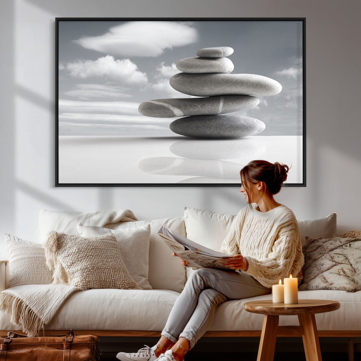 Zen Stone Wall Art Canvas Print, Balanced Rock Stack Framed
