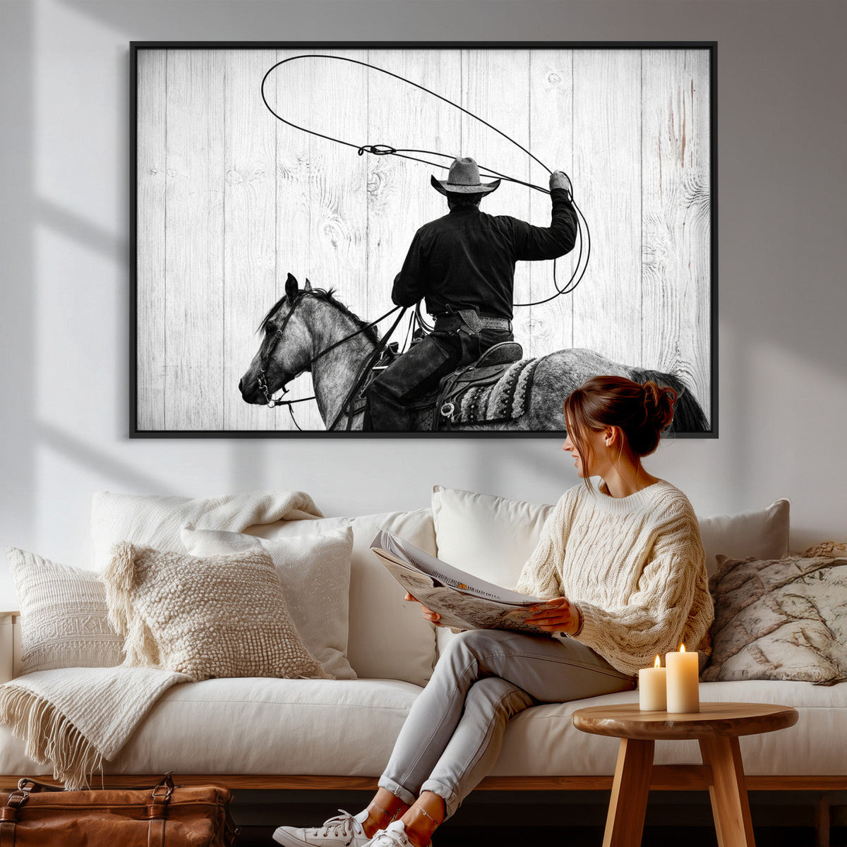 Cowboy Lasso Canvas Wall Art, Black White Western Horse