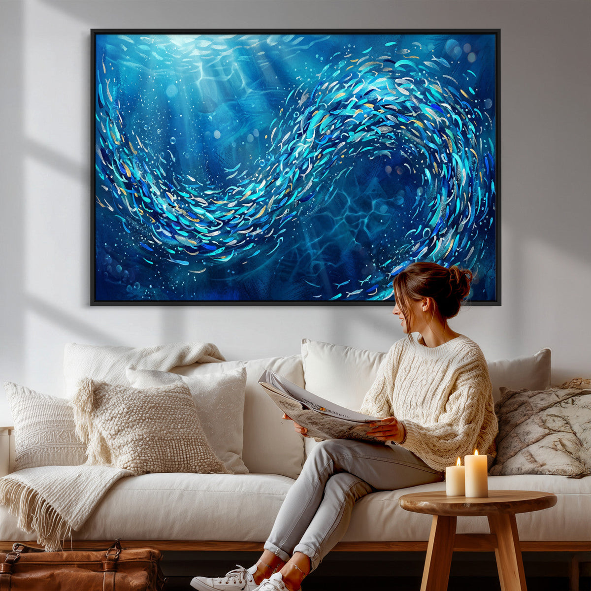 School of Fish Canvas Print | Blue Ocean Underwater Wall Art