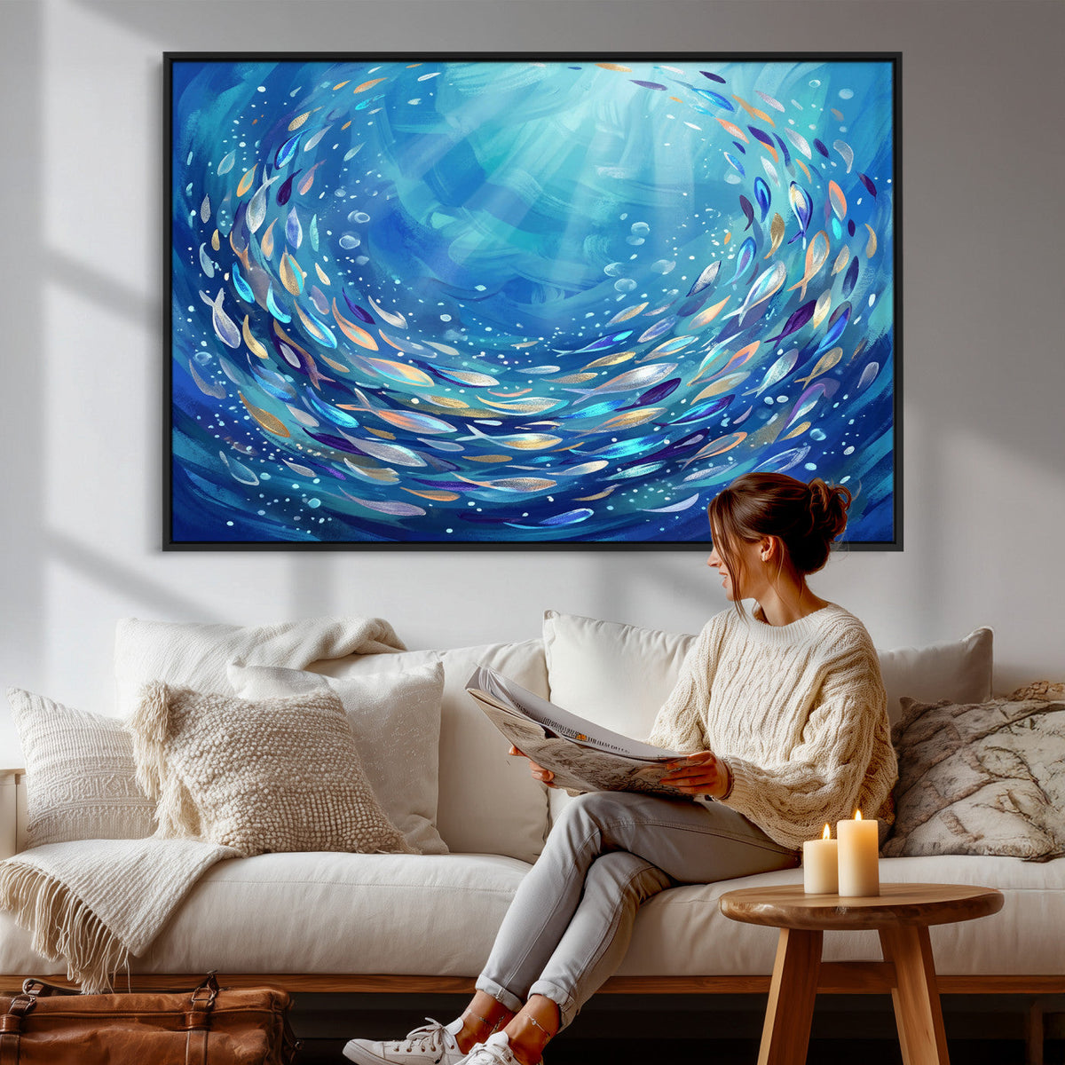 School of Fish Canvas Print | Blue Ocean Underwater Wall Art