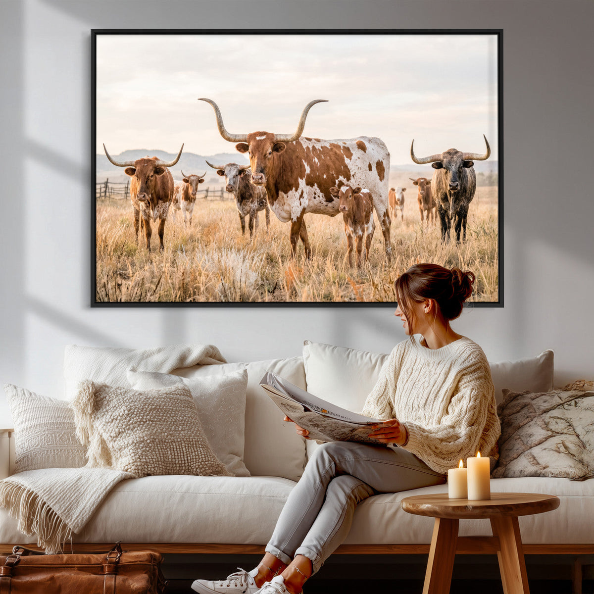 Texas Longhorn Canvas Wall Art, Rustic Farm Animal Photography Print, Farmhouse Country Decor, Western Ranch Art