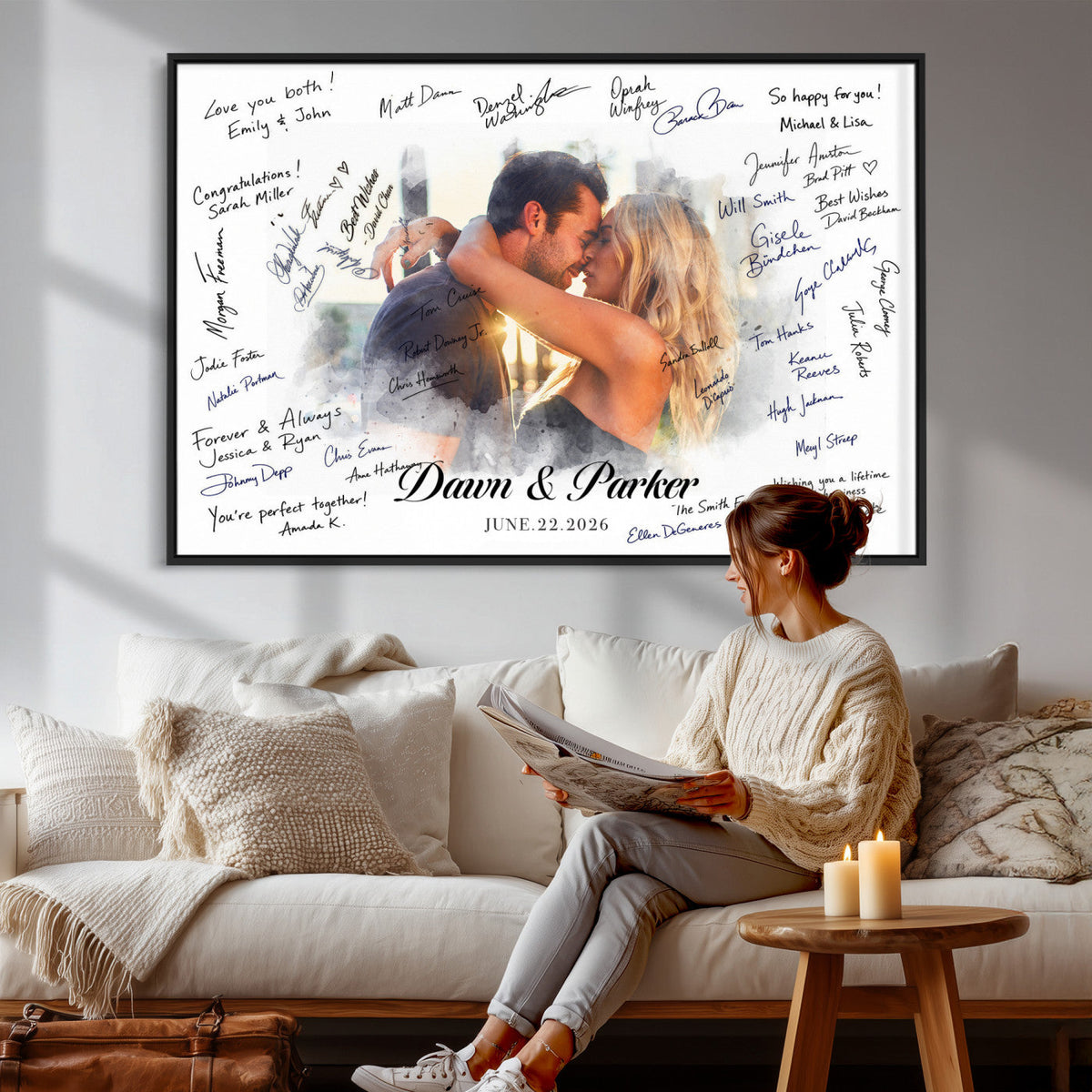 Wedding Guest Book Alternative Wall Art Canvas Print, Personalized Wedding Signature Poster, Custom Couple Photo Guestbook Canvas, Bridal Shower Reception Decor