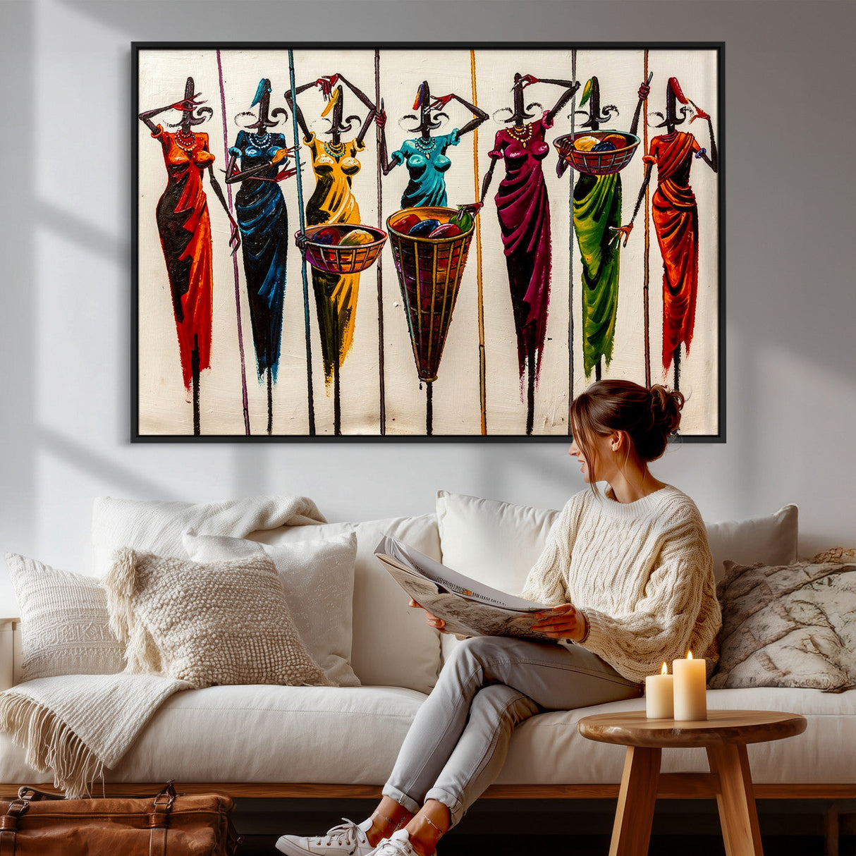 African Folk Art Canvas Wall Art, Colorful African Women Village Painting Print, Tribal Ethnic Home Decor, Vibrant African Art, Living Room