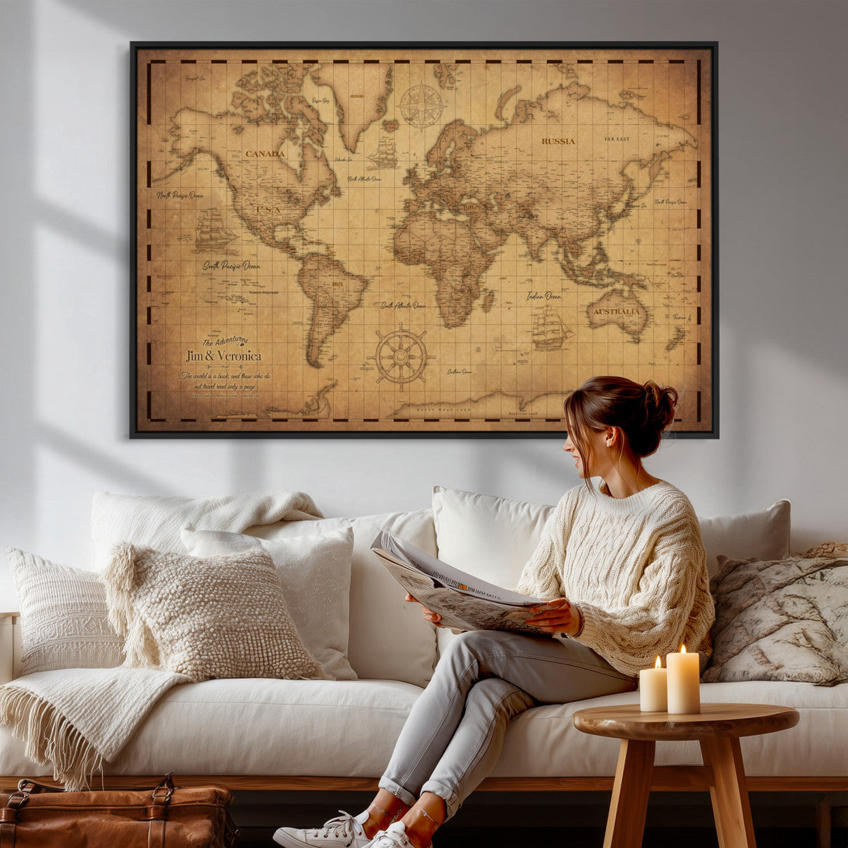 Personalized Push Pin World Map, Vintage Travel Map Canvas, Custom Names Anniversary Gift, Places Visited Pin Board, Couples Adventure Art