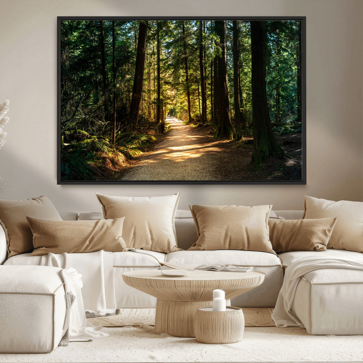 Sunlit Forest Pathway Canvas Print | 3 Panel Large Nature