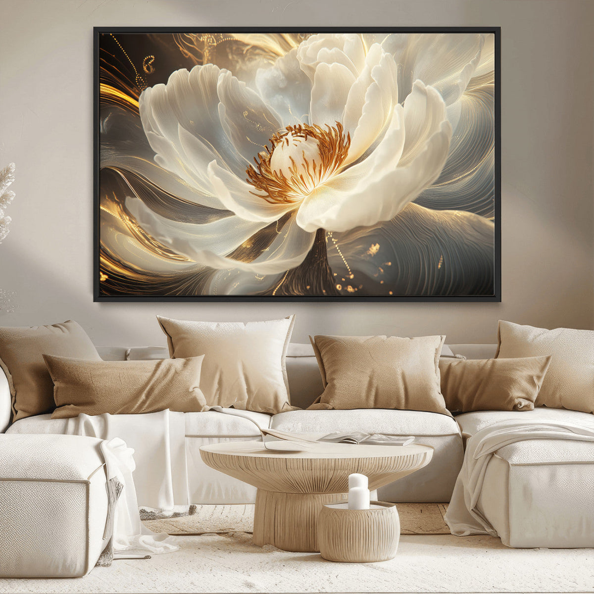 Gold Floral Wall Art Canvas Print, Framed Modern Flower Art