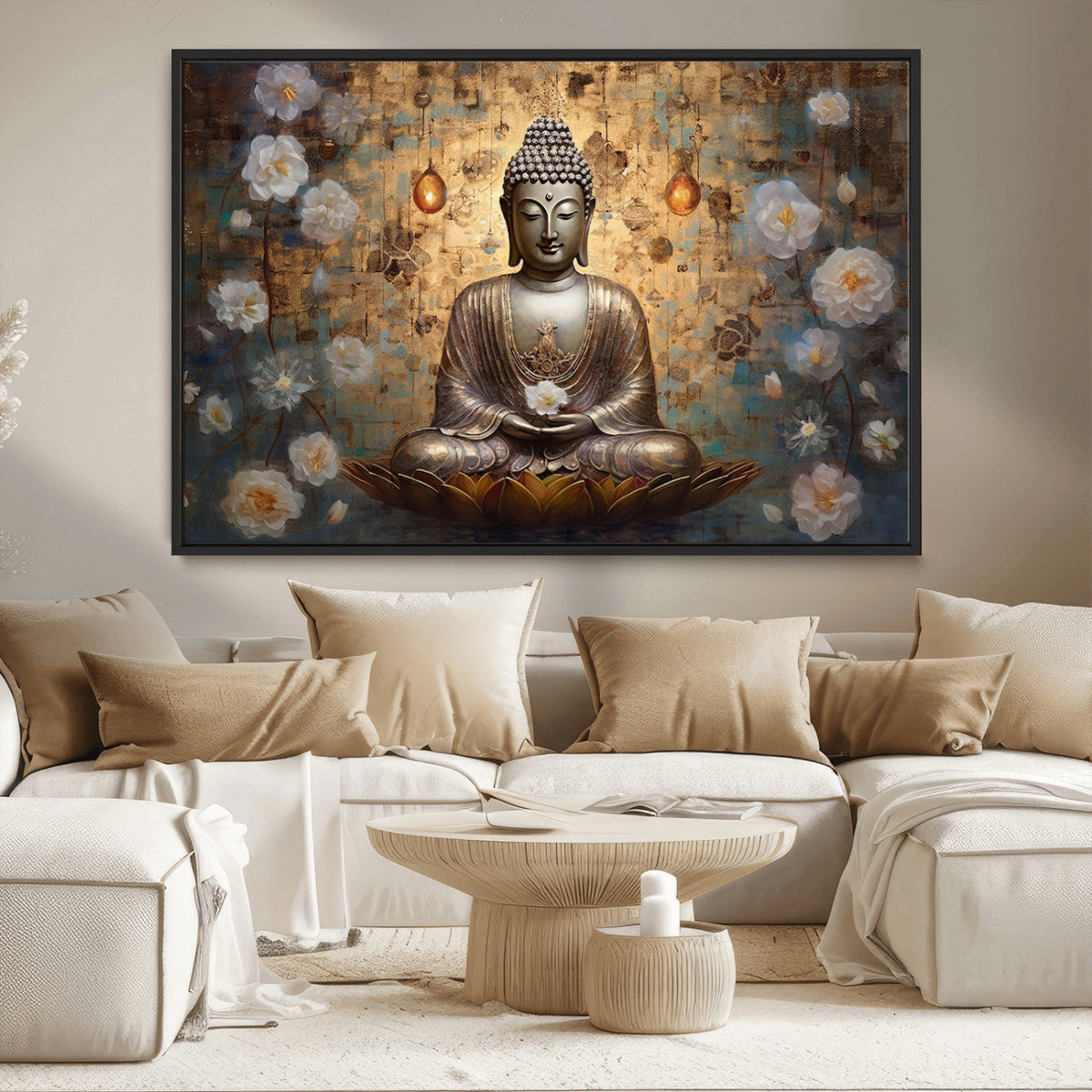 Golden Buddha Wall Art Canvas Print | Zen Meditation Floral