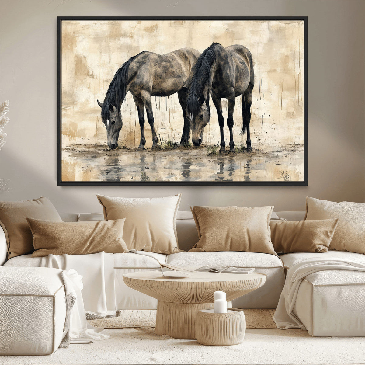 Chinese Style Abstract Black Horses Wall Art Canvas Print -