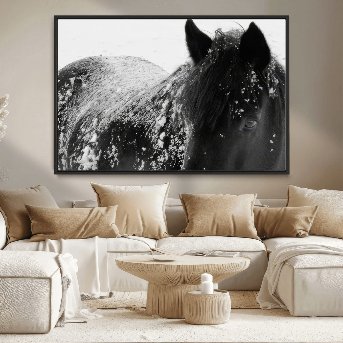 Black Horse in Snow Canvas Print | Winter Horse Wall Art |