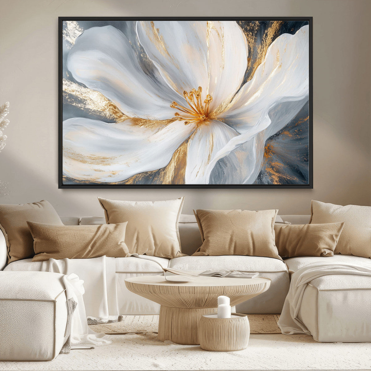 White and Gold Floral Canvas Wall Art - Framed and Ready to