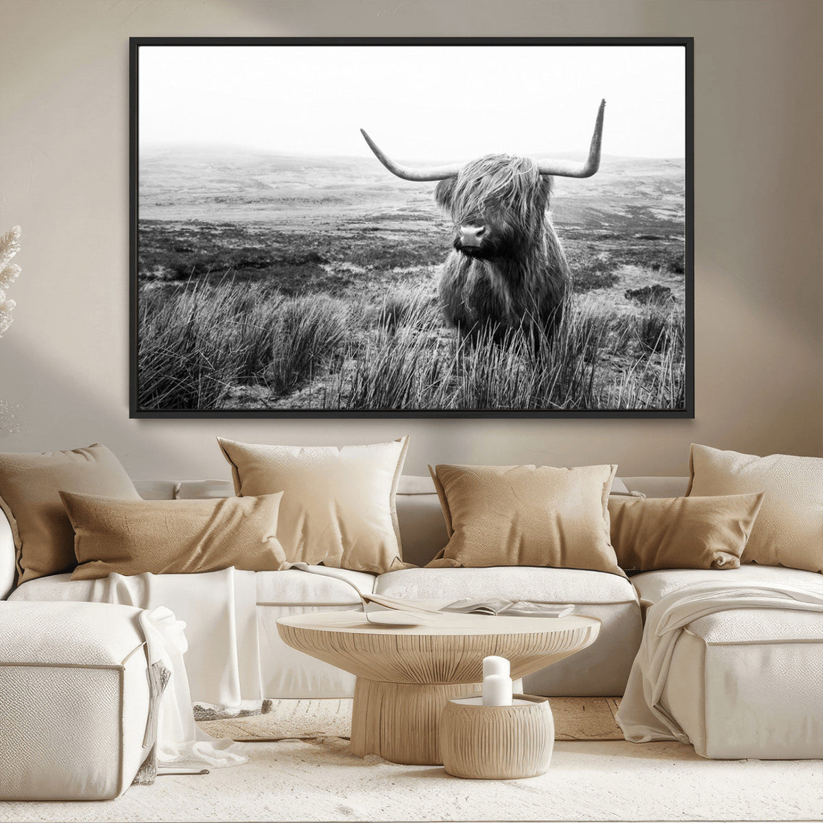 Scottish Highland Cow Wall Art | Black and White Canvas