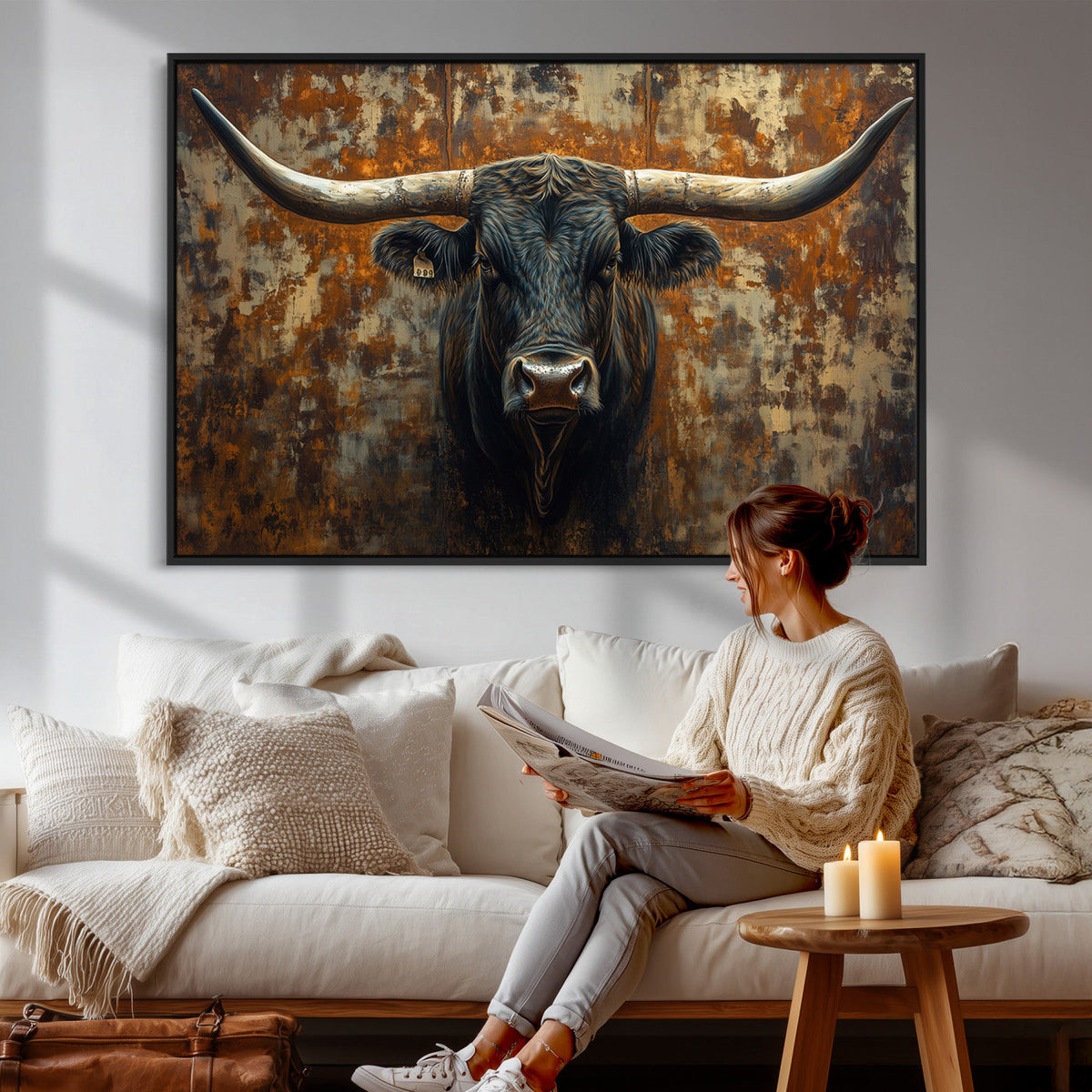Longhorn Texas Cow Bull Wall Art | Rustic Farmhouse Canvas