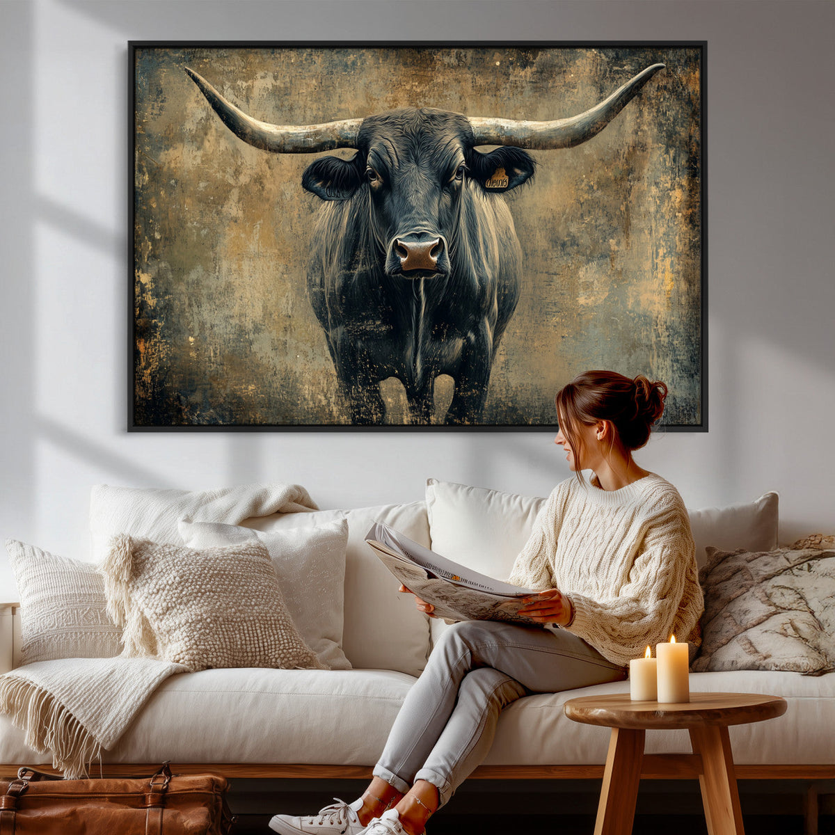 Texas Longhorn Bull Wall Art – Framed Rustic Cow Canvas