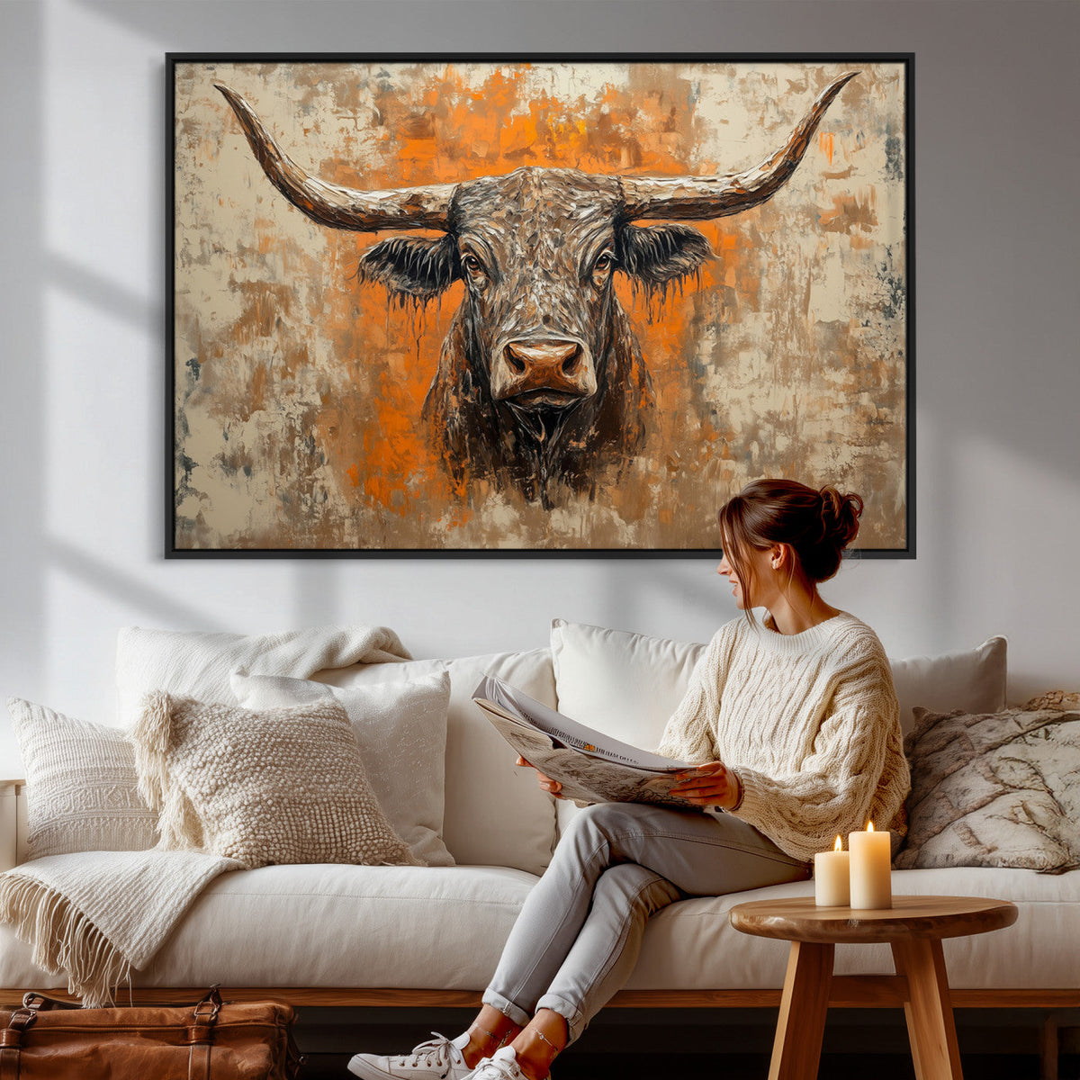 Abstract Cow Longhorn Bull Wall Art Canvas Print - Rustic