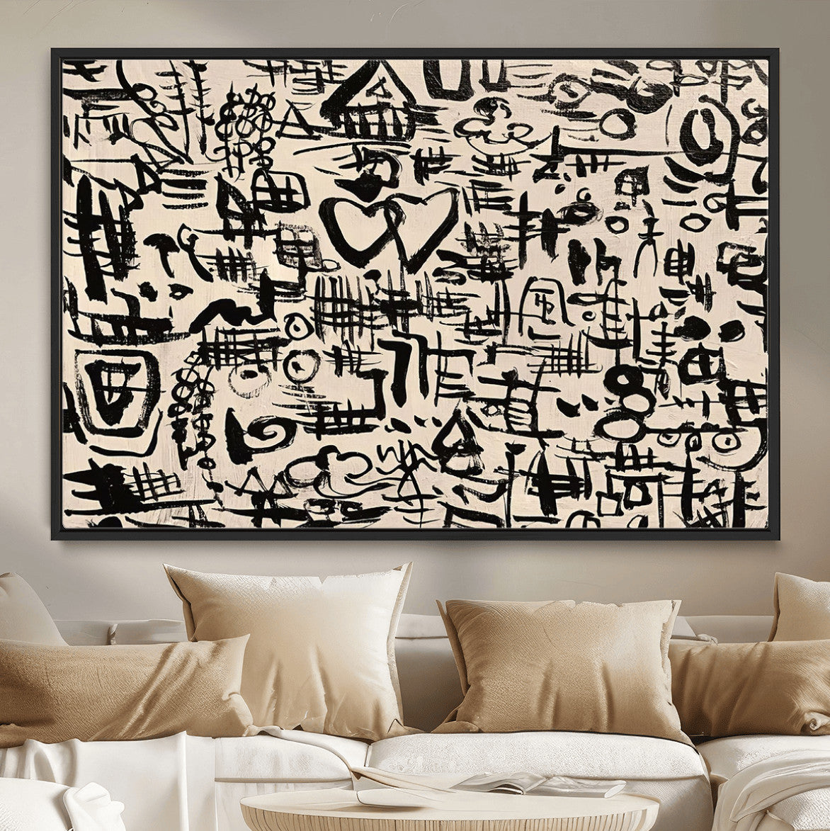 Abstract Love and Chaos Canvas Print, Black Symbols on Beige