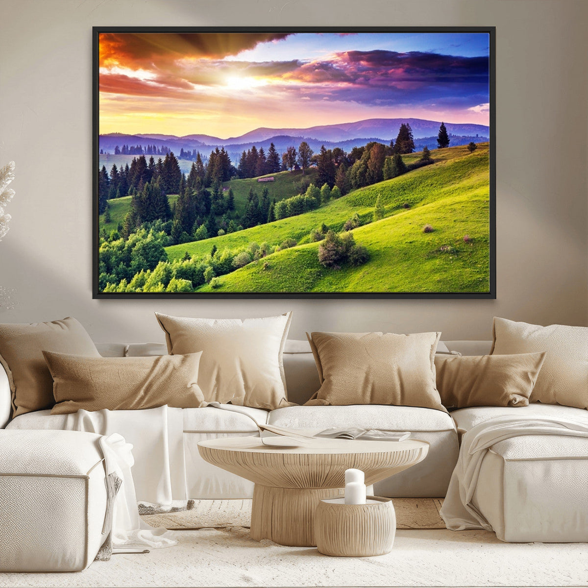 Green Hills and Sunset Wall Art Print - Scenic Landscape