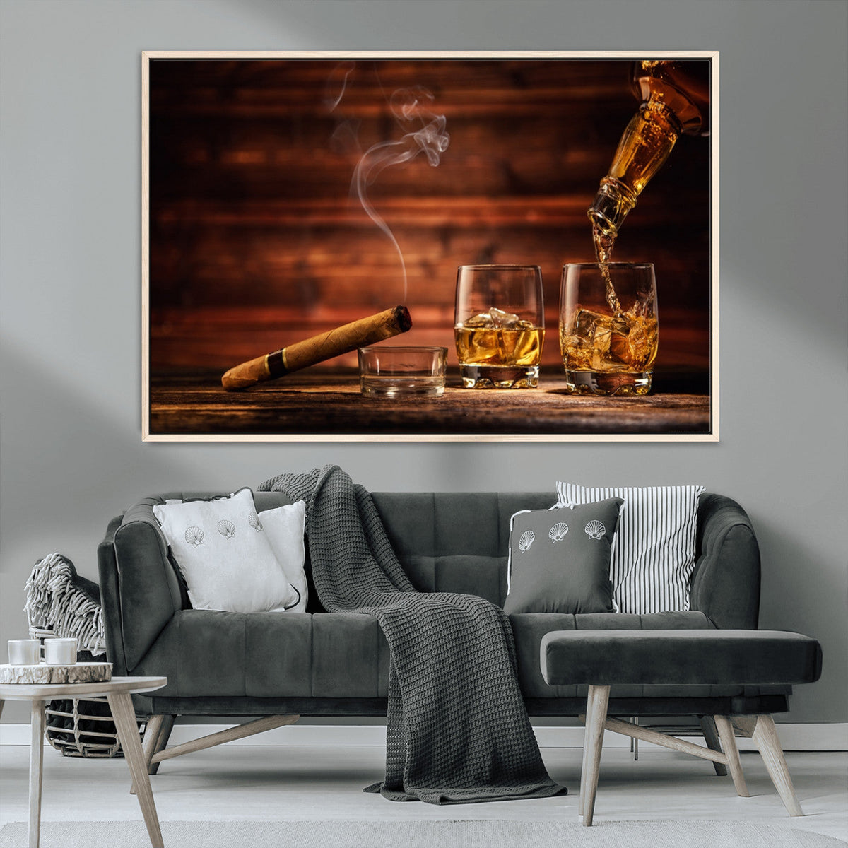Whiskey and Cigar Wall Art Canvas | 3 Panel Bar Room Decor