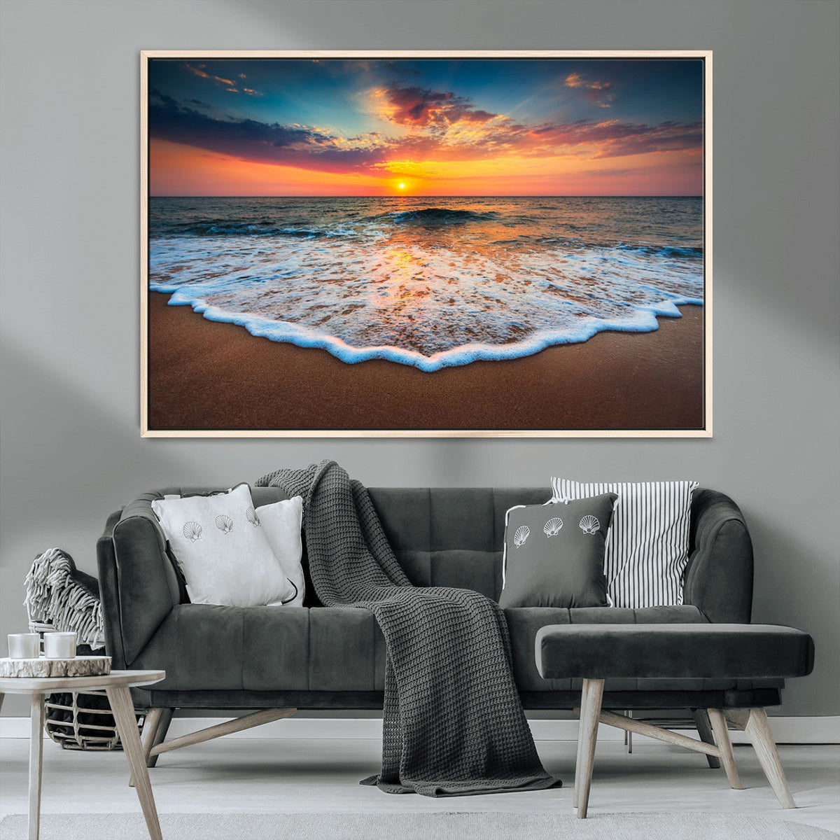 Sunset Beach Canvas Wall Art – Colorful Ocean Waves Triptych