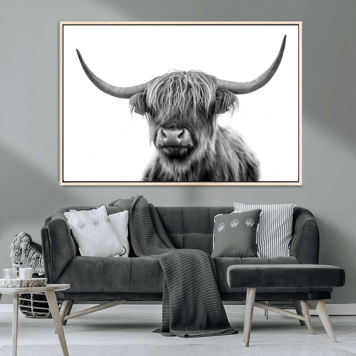Grayscale Scottish Highland Cow Cattle Art Print Farmhouse