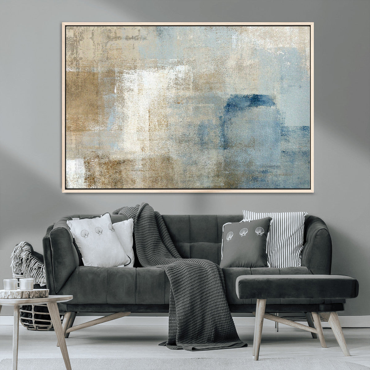 Abstract Blue and Beige Wall Art, Modern Minimalist Canvas