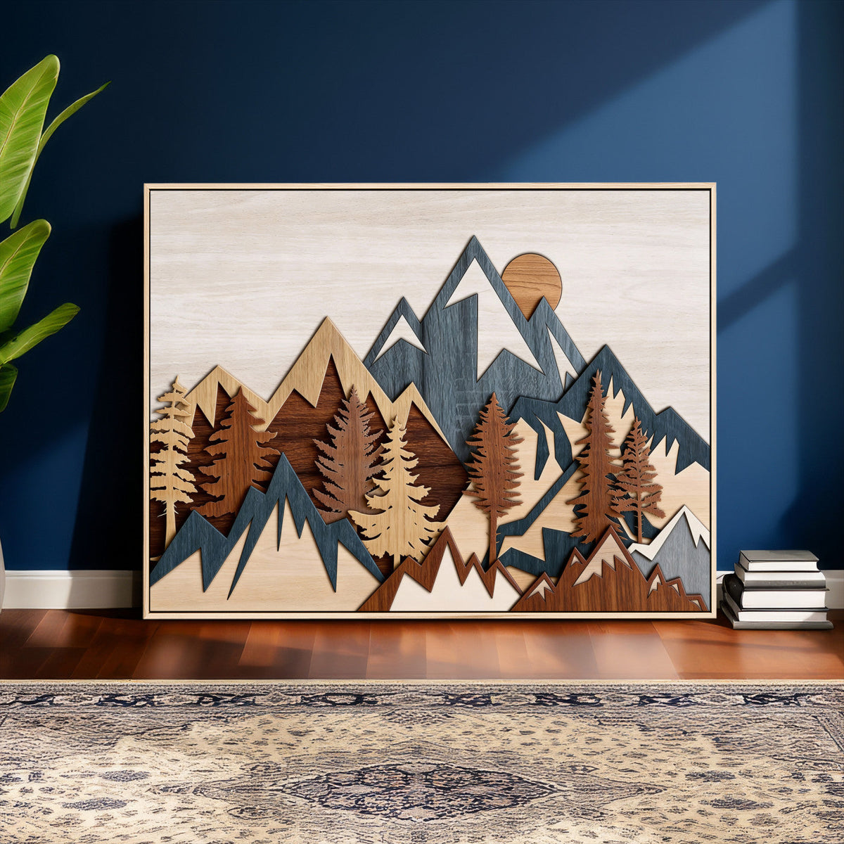 Rustic Abstract Wood Panel Effect Canvas Mountain Range Top