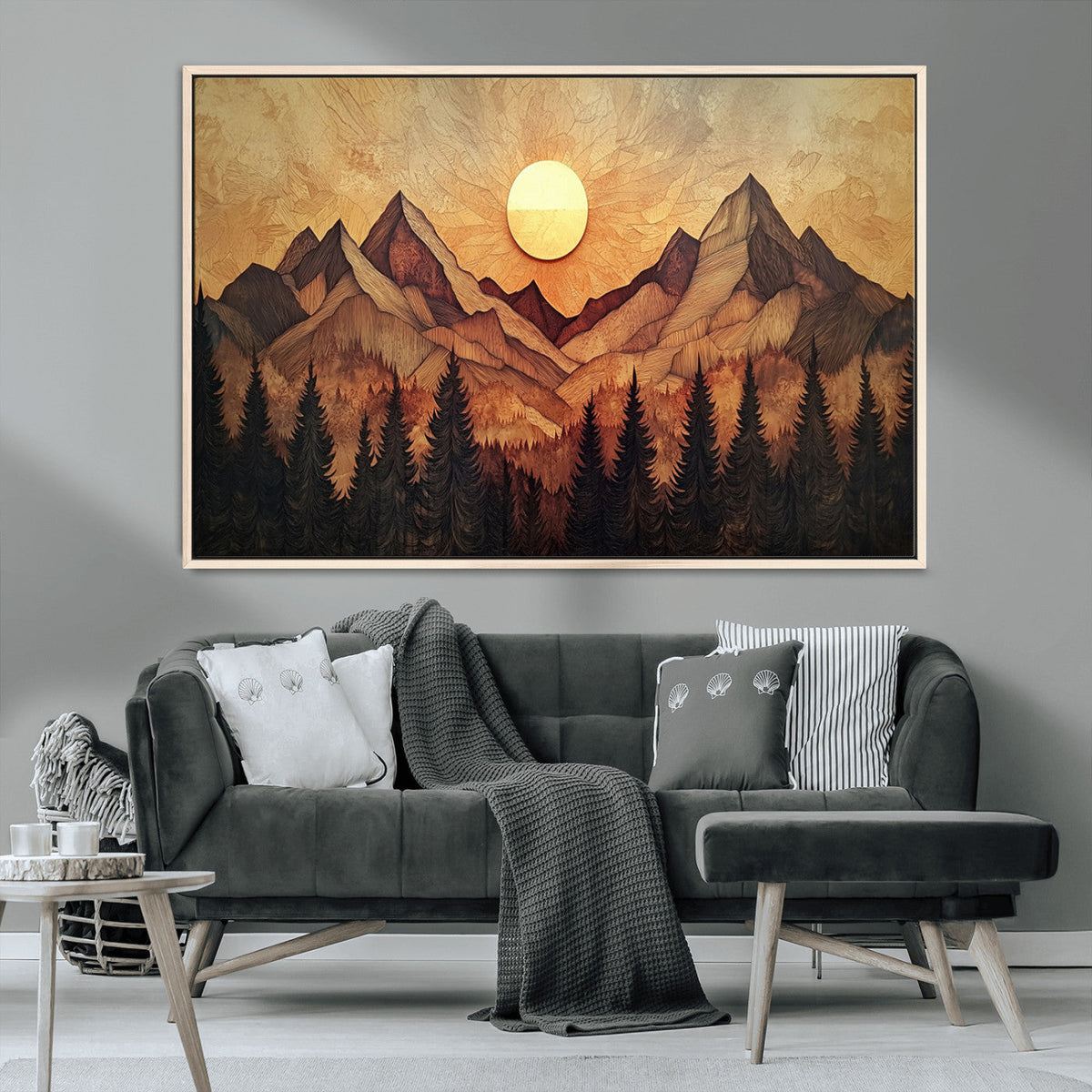 Wood Style Abstract Mountain Sunset Canvas Wall Art Print -