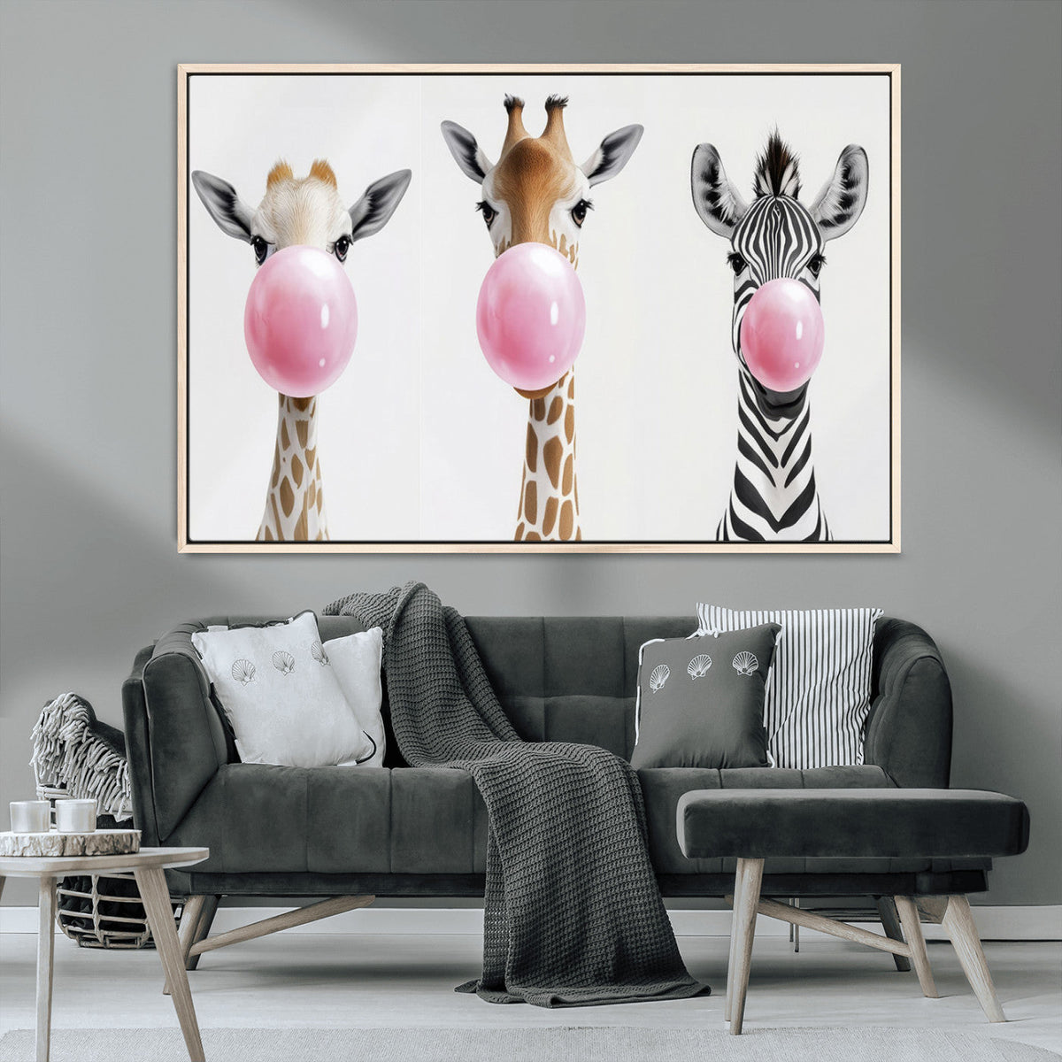 Bubblegum Animals Canvas Wall Art - Playful Giraffe and