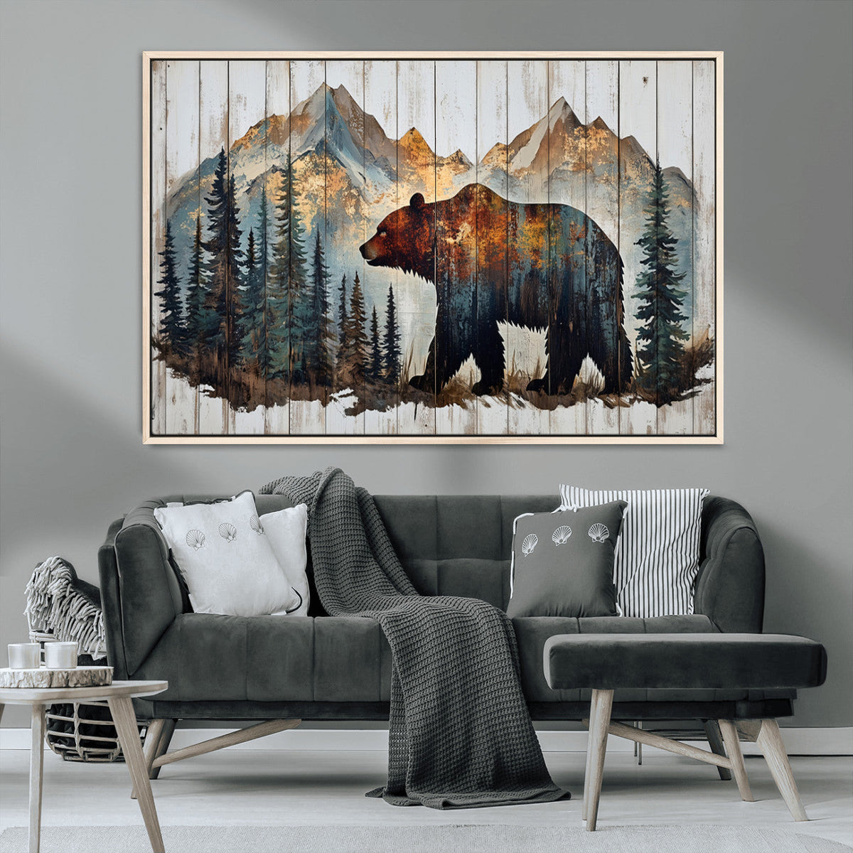 Rustic Grizzly 399 Bear and Mountain Wood Canvas Wall Art -