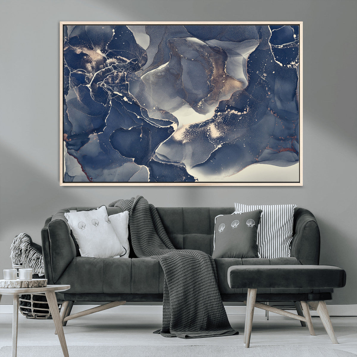 Large Abstract Blue and Gold Canvas Wall Art Fluid Ink