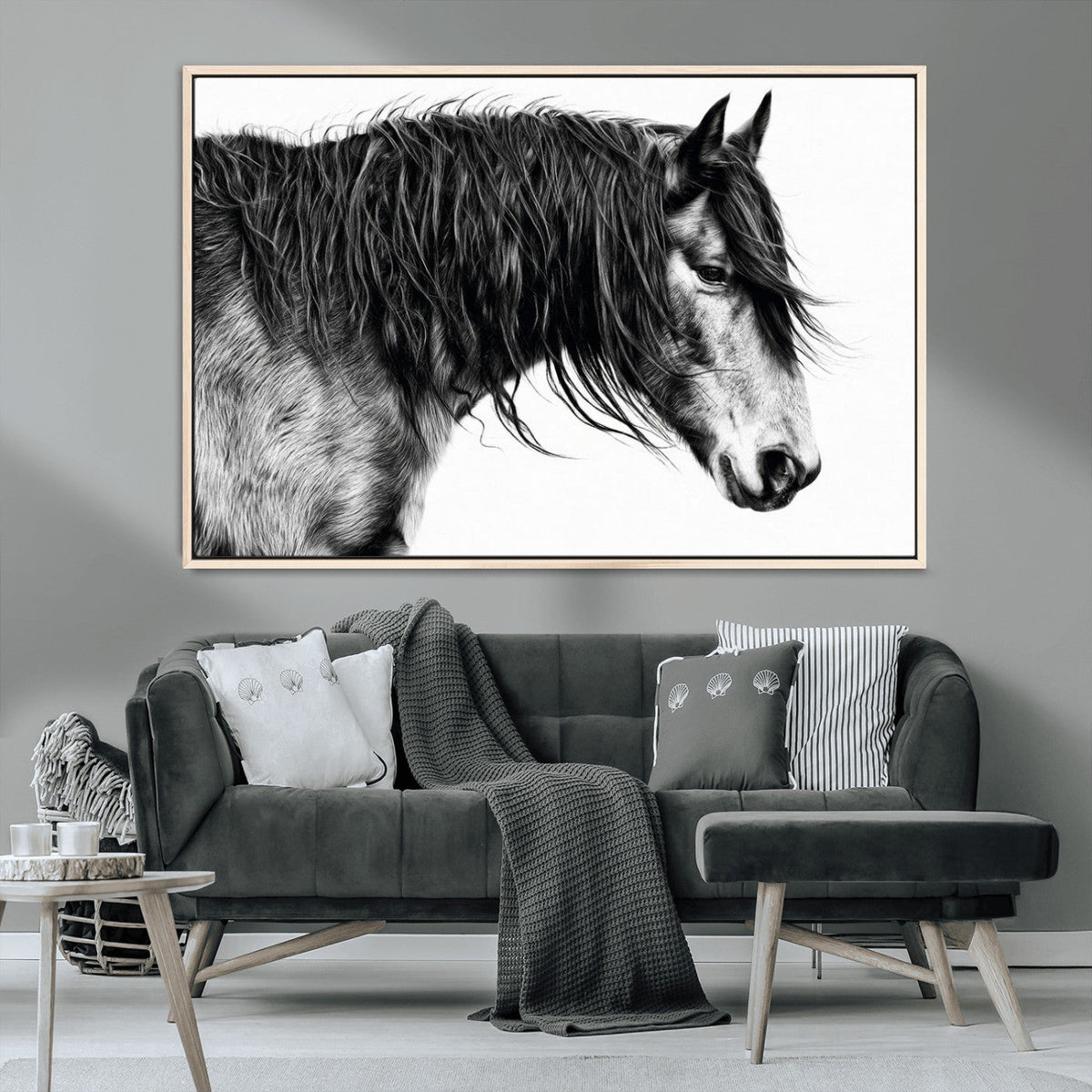 Majestic Horse Wall Art – Framed Black White Portrait Canvas