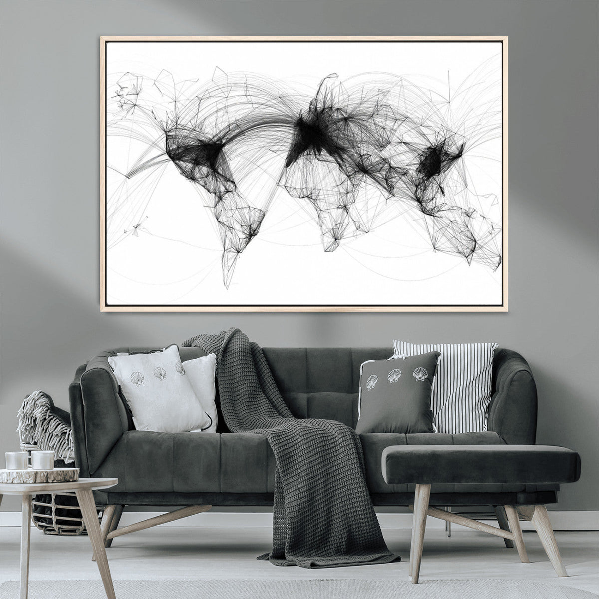 Abstract World Map Wall Art – Framed Geometric Line Canvas
