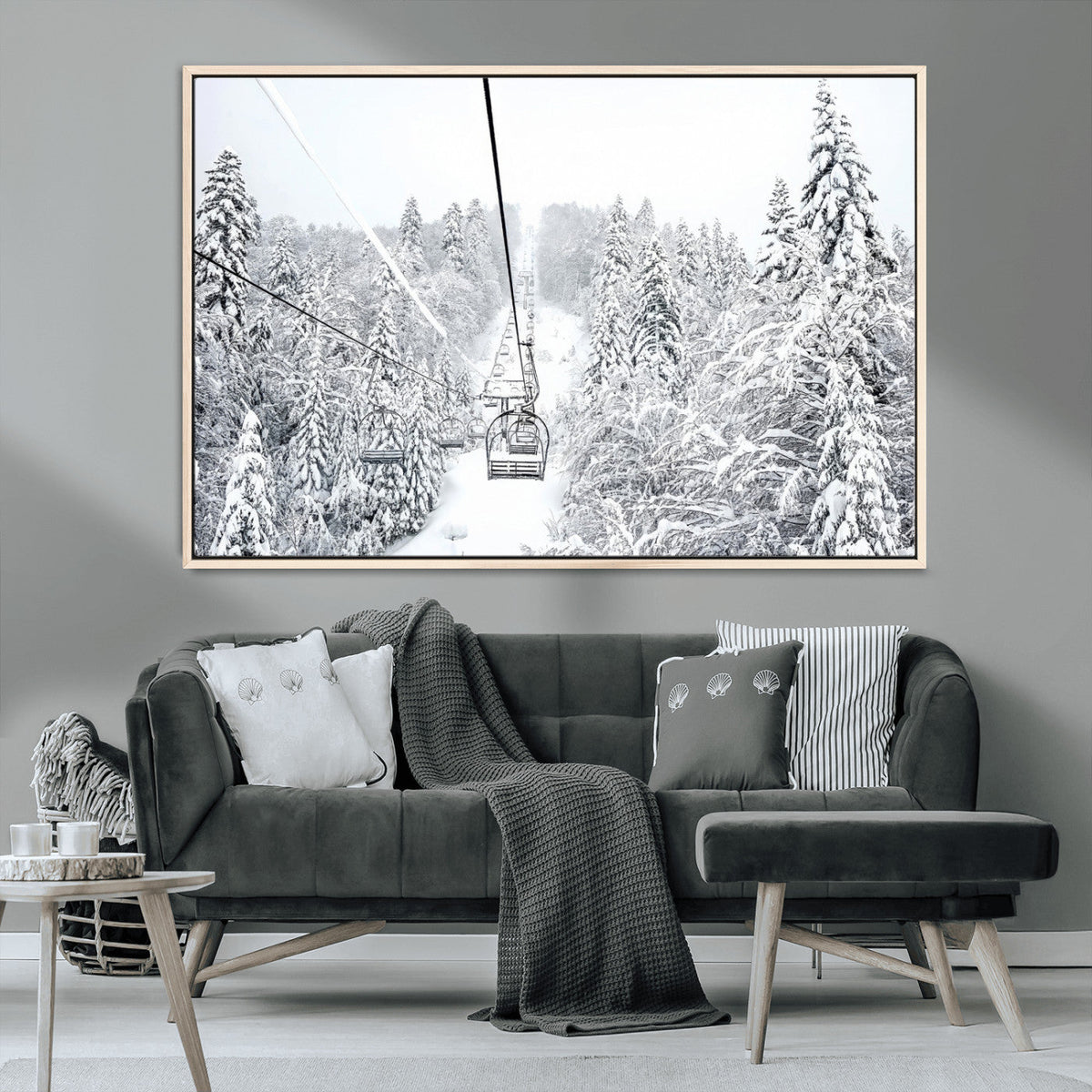 Snowy Ski Lift Wall Art – Framed Winter Mountain Canvas