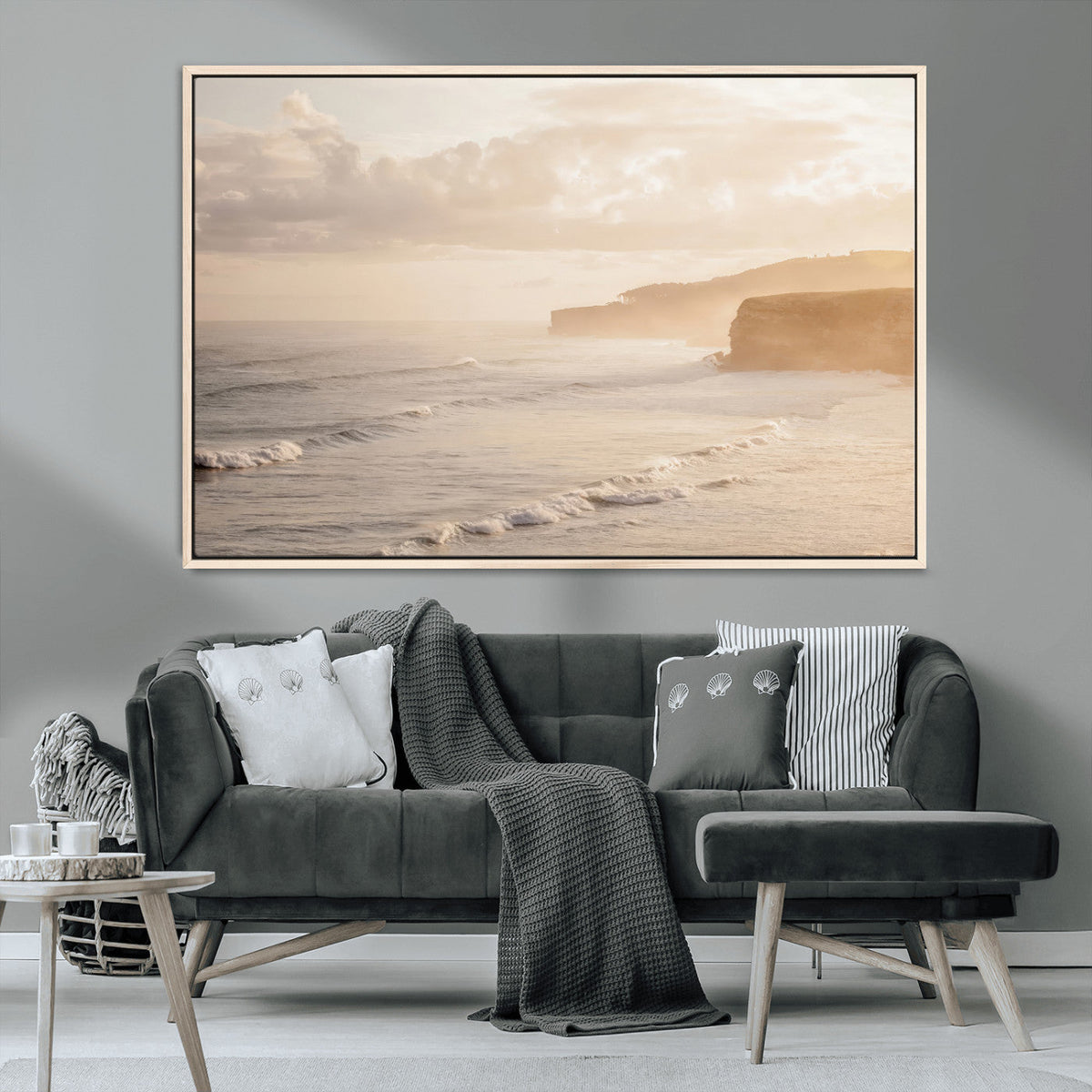 Misty Coastal Wall Art Canvas Print – Framed Golden Sunset