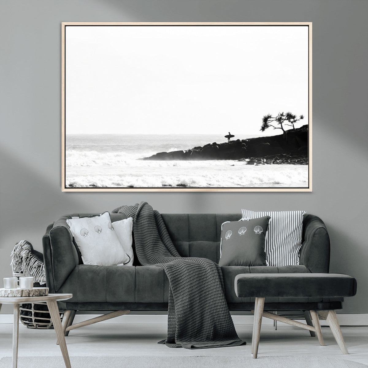 Surfer Cliffs Wall Art Canvas Print – Framed Black White