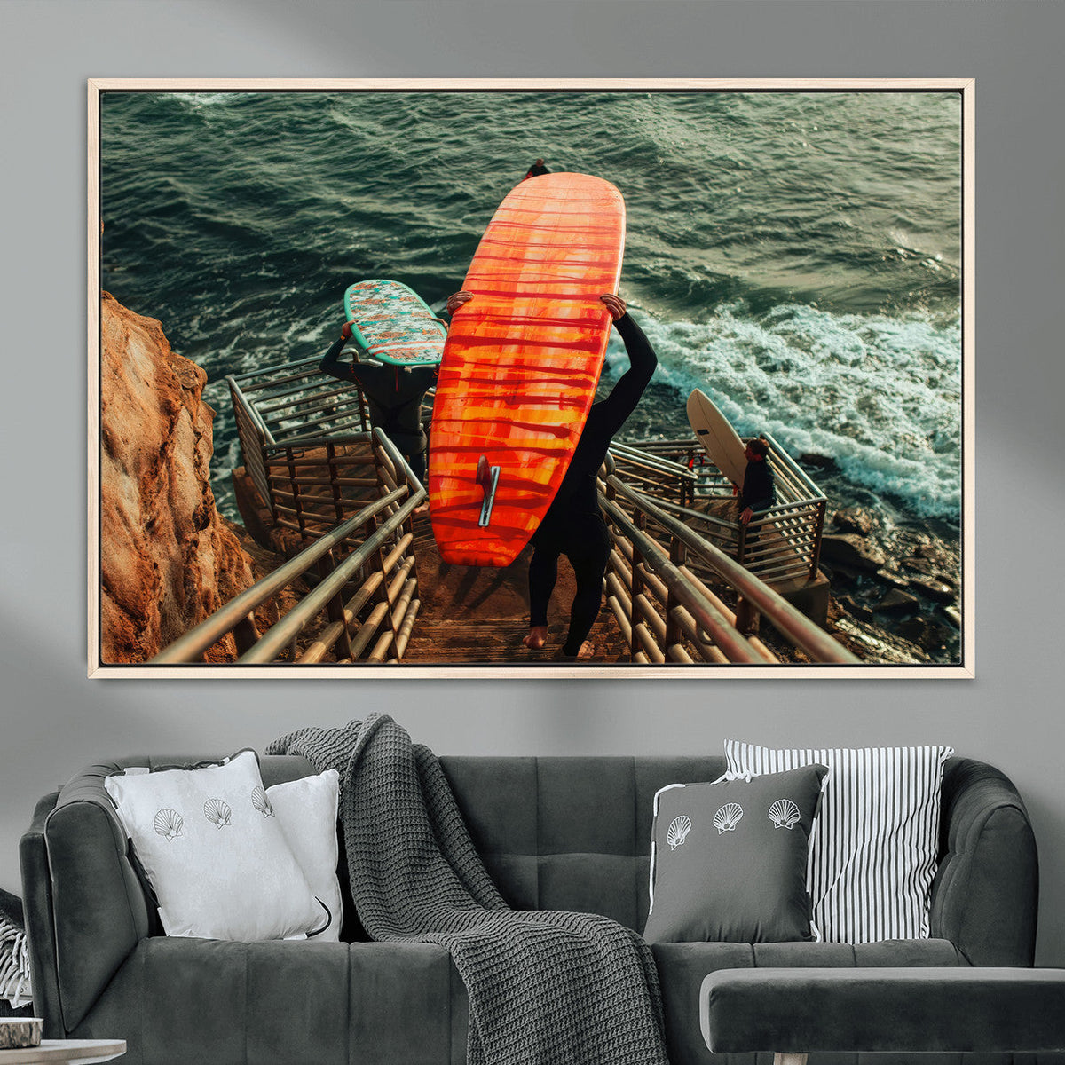 Surfer Stairway Wall Art – Framed Ocean Surf Canvas Artwork,