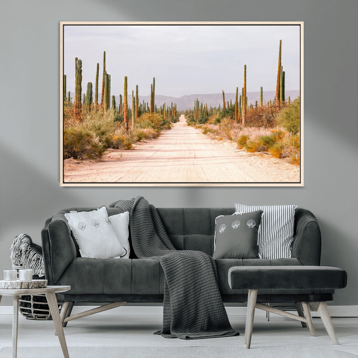 Desert Cactus Lined Road Wall Art Canvas Print – Framed