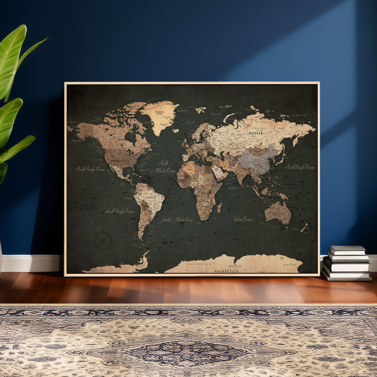 Vintage World Map Canvas Wall Art – Framed Travel Map for