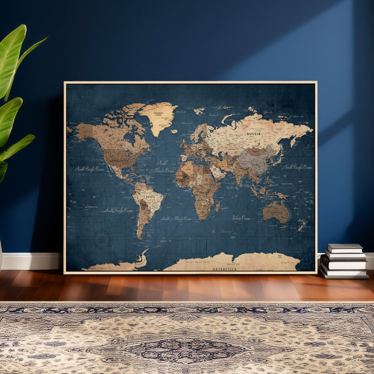 Navy Blue World Map Canvas Print – Framed Travel Map Wall