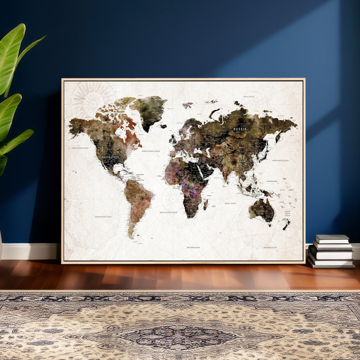 Watercolor World Map Print - Large Wall Art Canvas Print for