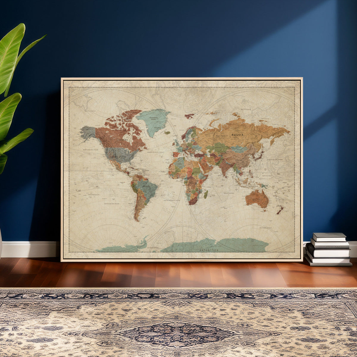 Vintage World Map Canvas Wall Art Print – Framed Modern