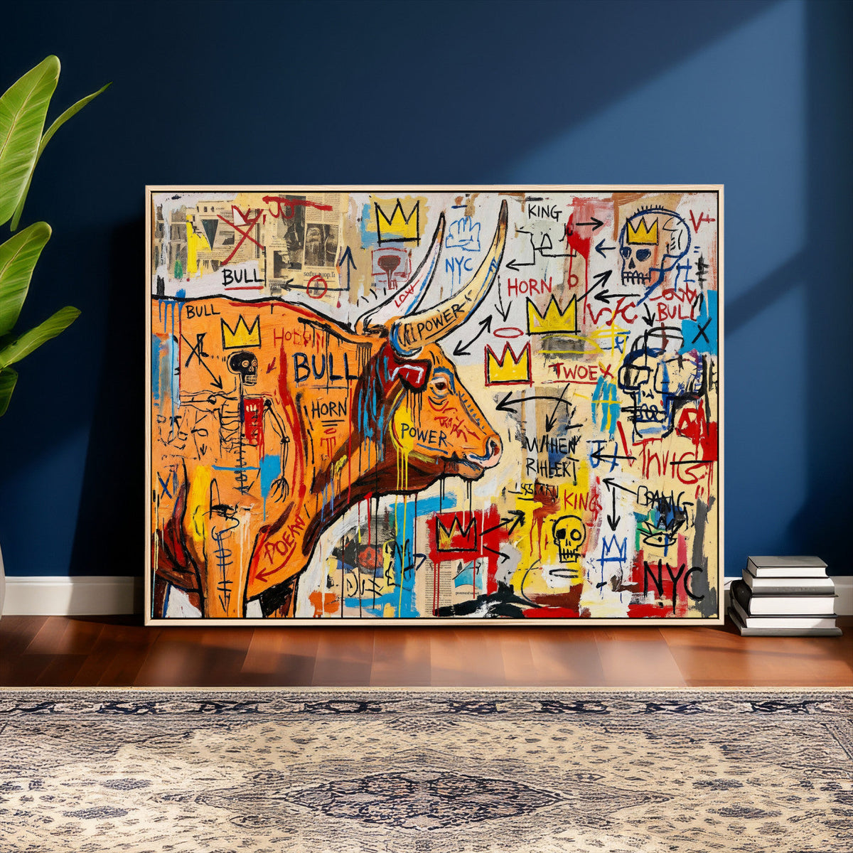 Basquiat Style Bull Graffiti Wall Art Canvas Print, Street