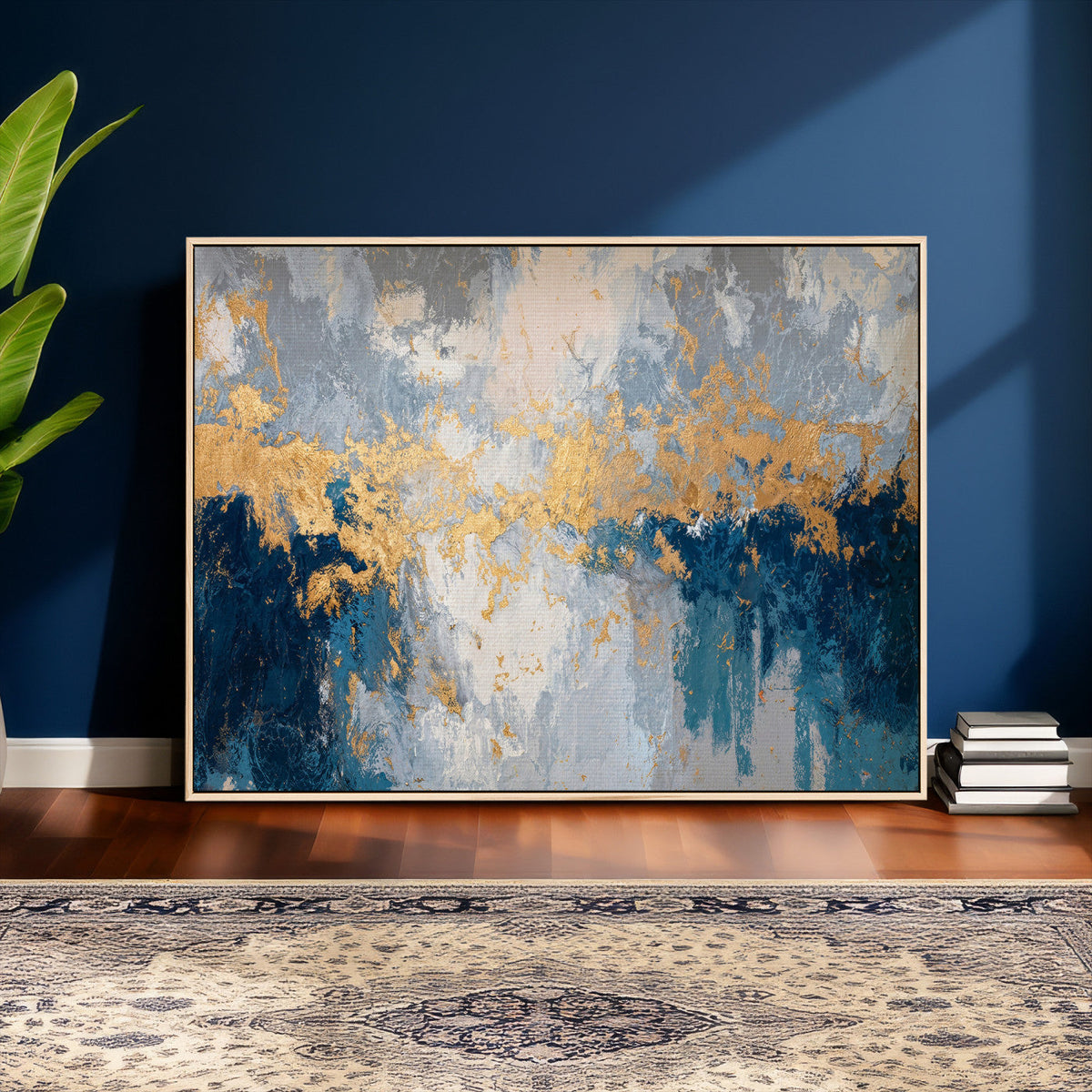 Blue Gold Abstract Large Framed Canvas Wall Art, Modern
