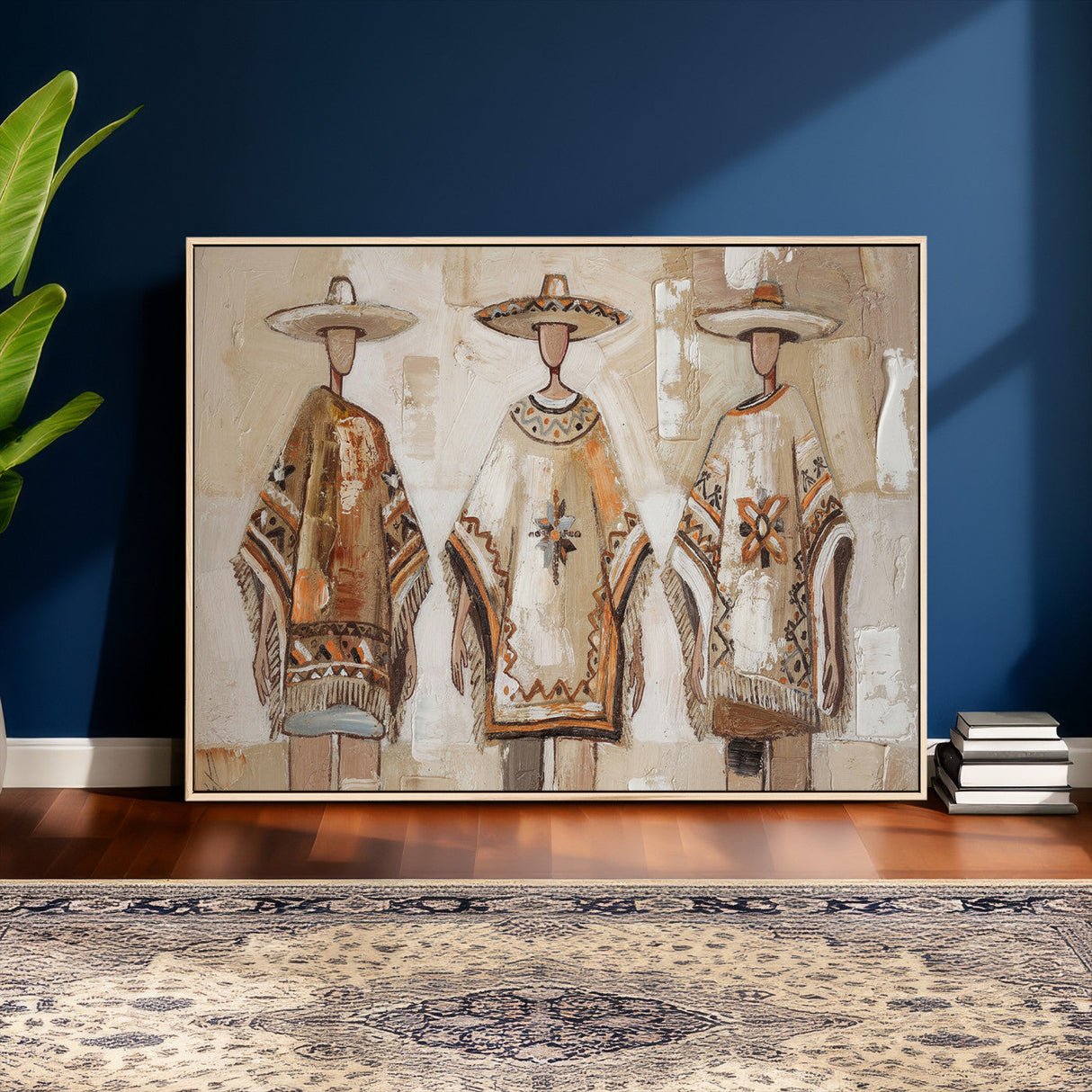 Mexican Folk Art Canvas Wall Art, Charro Poncho Sombrero Painting Print, Neutral Beige Boho Decor, Southwestern Impasto Style, Living Room Art